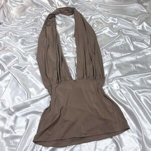 y2k Halter Top or dress Brown Excellent Deep Plunge Ruched LVL X Large